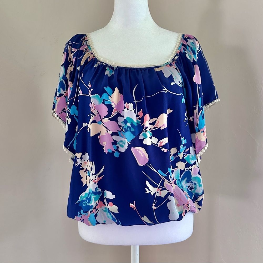 Yumi Kim 100% Silk Floral Boho Top in Blue Turquoise Purple Size S
